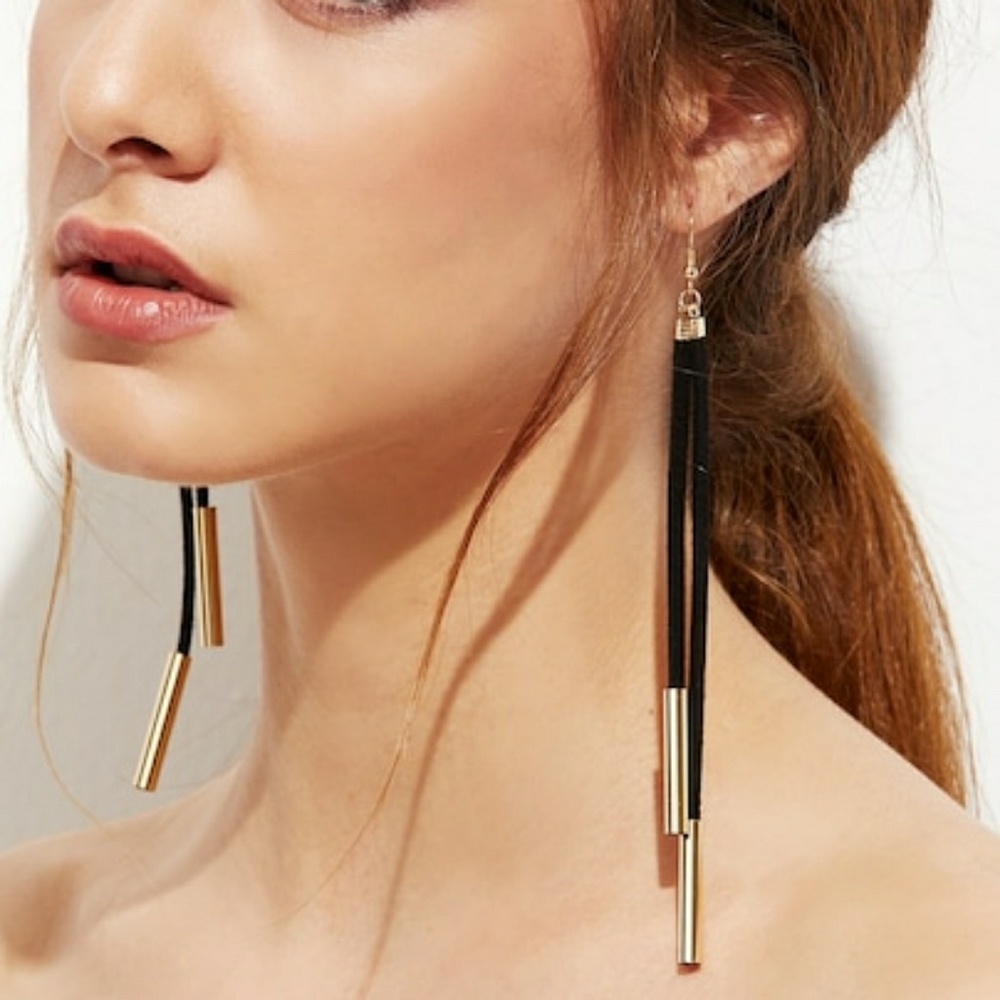Black and Gold Suede Cord Drop Earrings